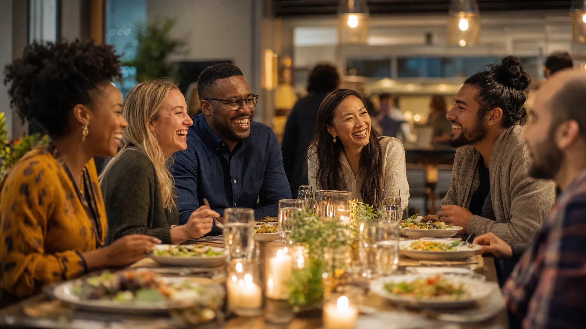 Diverse group of people sharing a meal together